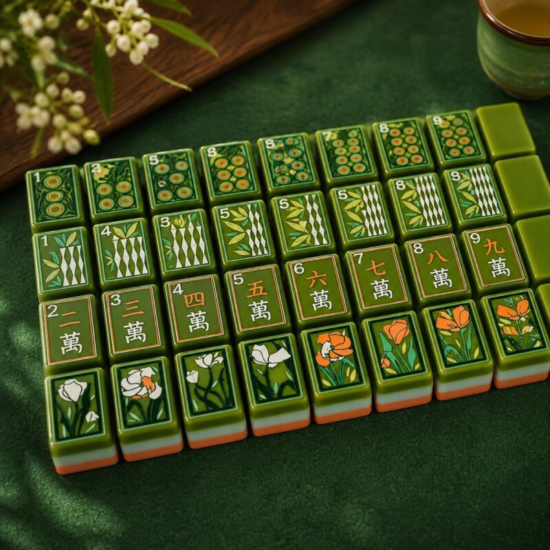 Jade green acrylic mahjong tiles with floral artwork and layered colored edges