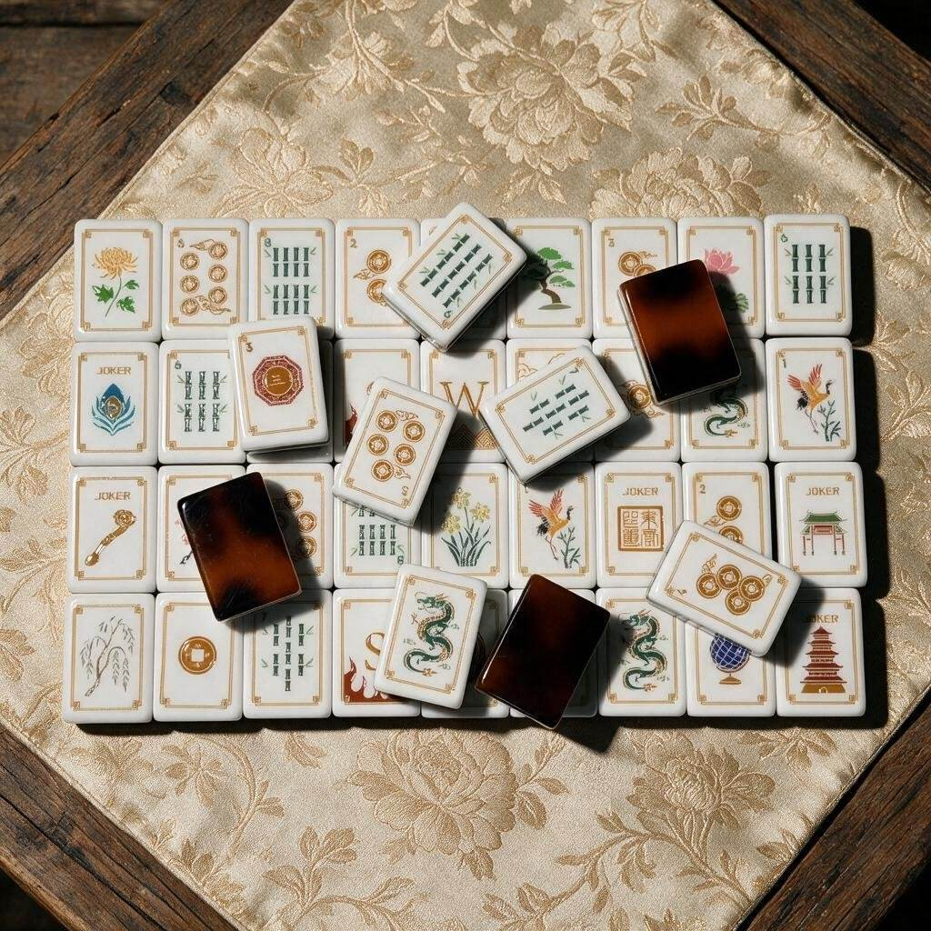 Imperial Tortoiseshell American mahjong tiles arranged on linen